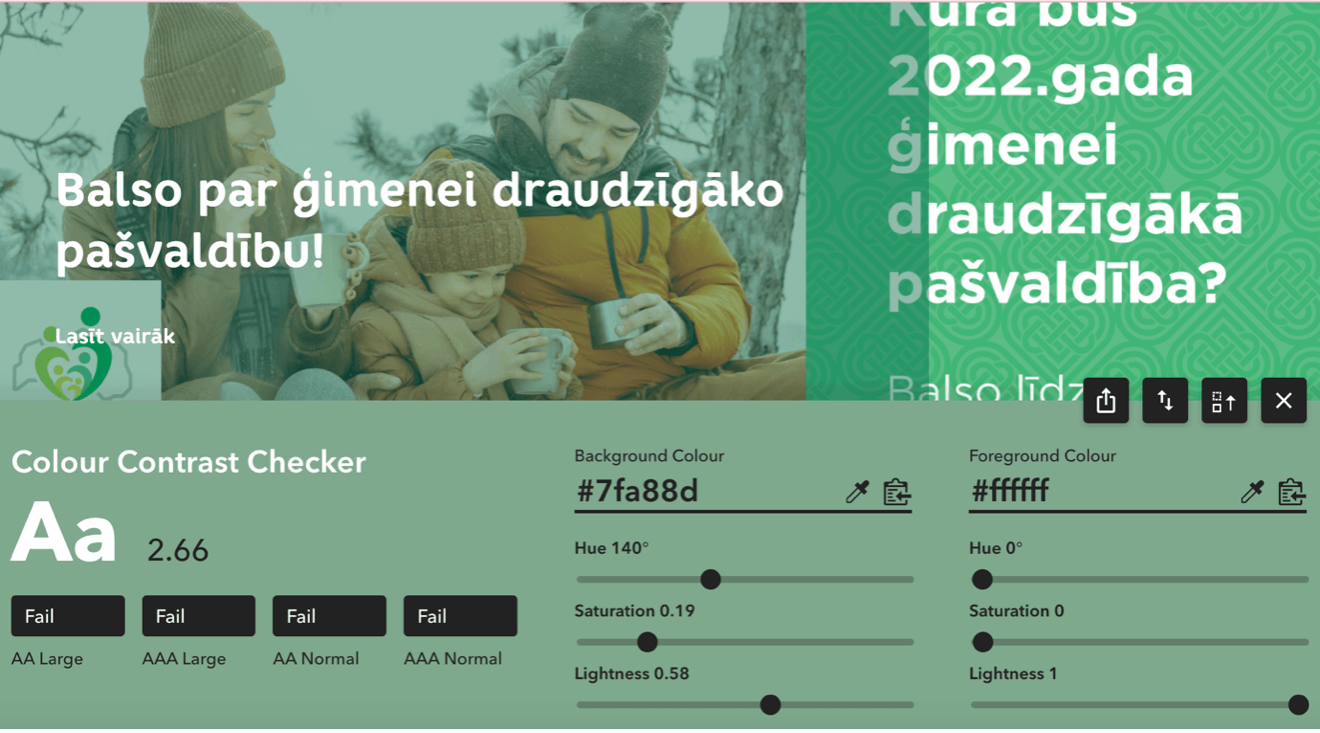 Tīmekļvietnes skats pēc rīka Colour Contrast Checker aktivizēšanas